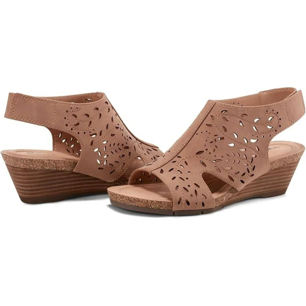 Earth Halin3 Womens Brown Laser Cut Perforated Slingback Wedge Sandals Size 8W